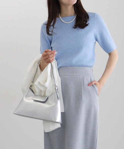 シルクニット半袖　ブルー Pierrot ニット セーター シルクタッチウォッシャブル半袖