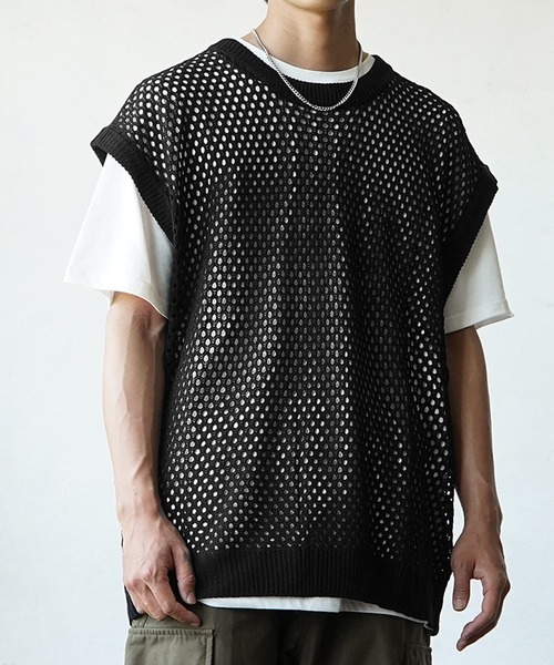 JUNYA WATANABE 黒 メッシュ編み 半袖トップス MinoriTY（マイノリティ） アンサンブル 「MinoriTY」透かし編みニット