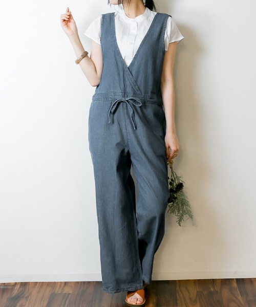 atONE サロペット オーバーオール デニムVネックコンビネゾン  