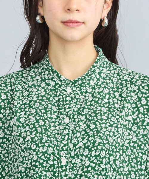 ワンピース 小花柄プリントフリルバンドカラーシャツワンピーズ 