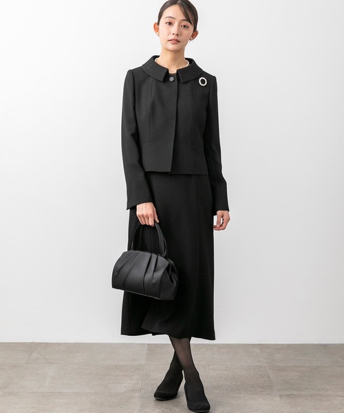 喪服 セレモニースーツ セットアップ 「前ファスナー」ステンカラージャケット＆タイトロングワンピース　ブラックフォーマルセットアップスーツ レディースの画像