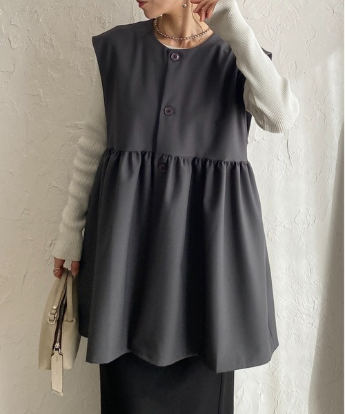 She's Closet ベスト ジレ 切り替えギャザーフレアペプラムジレベスト