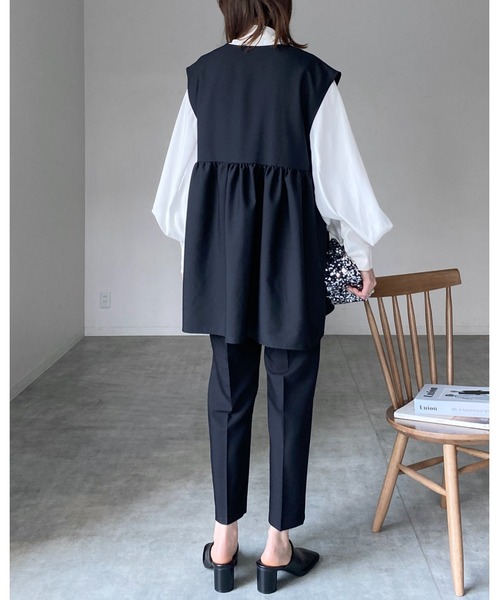 She's Closet ベスト ジレ 切り替えギャザーフレアペプラムジレベスト