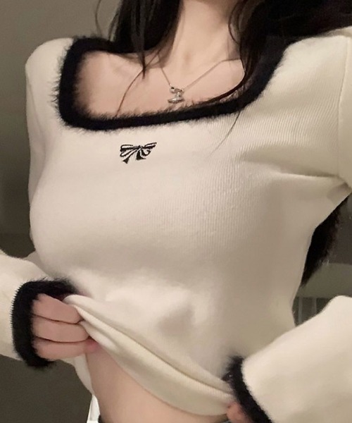 tシャツ Tシャツ ribbon刺繍 スクエアネックニットトップス