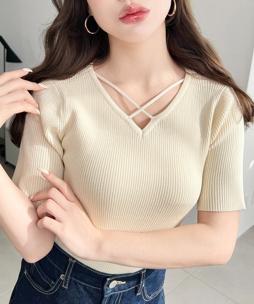 moment+ ニット セーター クロスストラップ半袖リブニットプルオーバー