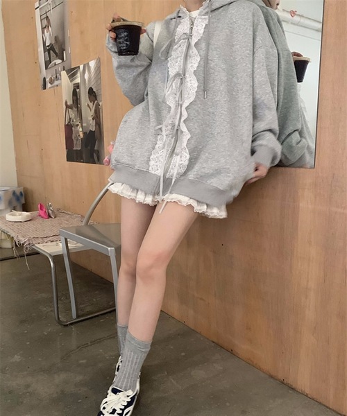 LACーVERT コート アウター レース付きガーリージップアップパーカー