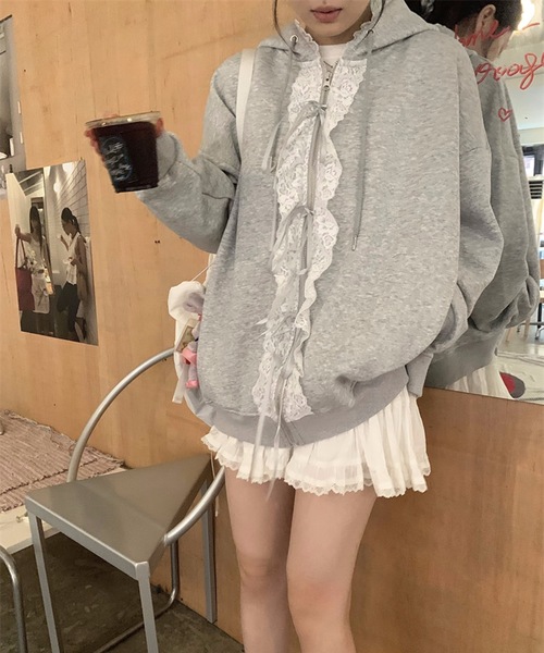 LACーVERT コート アウター レース付きガーリージップアップパーカー