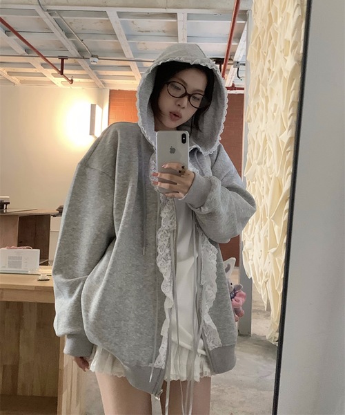 LACーVERT コート アウター レース付きガーリージップアップパーカー