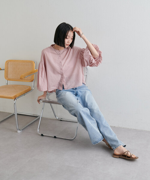 Discoat ブラウス シャツ コットンシアー袖バルーンブラウス5分