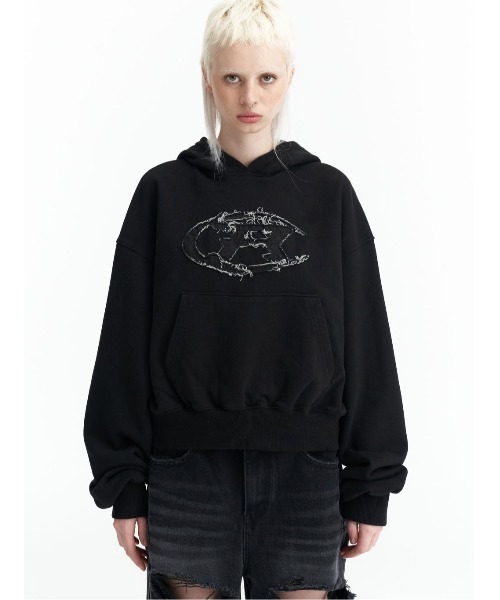 パーカー ROCKCAKE/ロックケーキ/Half Moon Denim Cropped Hoodie レディース メンズ