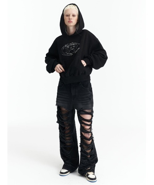 パーカー ROCKCAKE/ロックケーキ/Half Moon Denim Cropped Hoodie レディース メンズ ROCKCAKE パーカー ROCKCAKE/ロックケーキ/Half Moon Denim