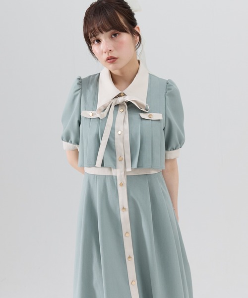 REDYAZEL ワンピース バイカラータックプリーツ半袖シャツワンピース  