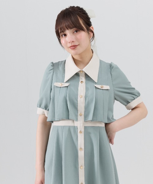 洗えるバイカラーシャツプリーツ半袖ロング丈ワンピース