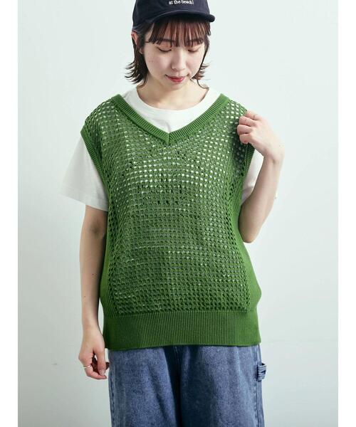 Samansa Mos2 ベスト ジレ メッシュニットVネックベスト