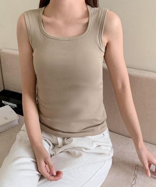 LOWO タンクトップ ノースリーブ カップ付き スクエアネック タンク