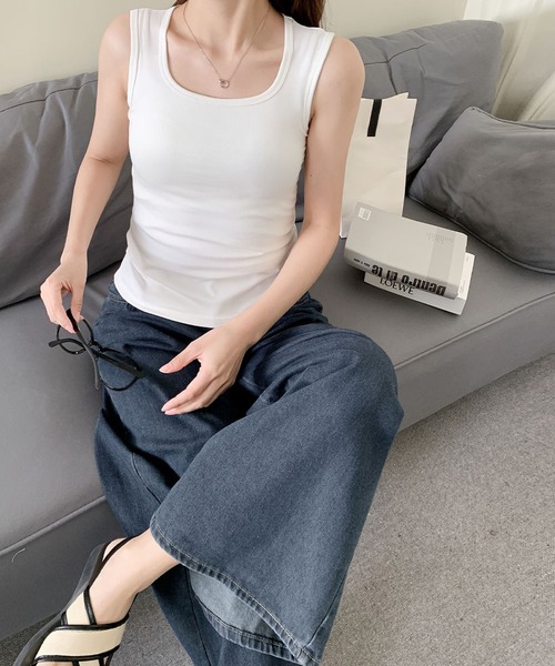 LOWO タンクトップ ノースリーブ カップ付き スクエアネック タンク