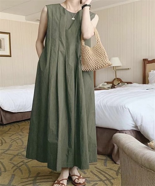 美品☆セブンテン　タックロングワンピース ベージュ Dream garden ワンピース フロントタックロングワンピース