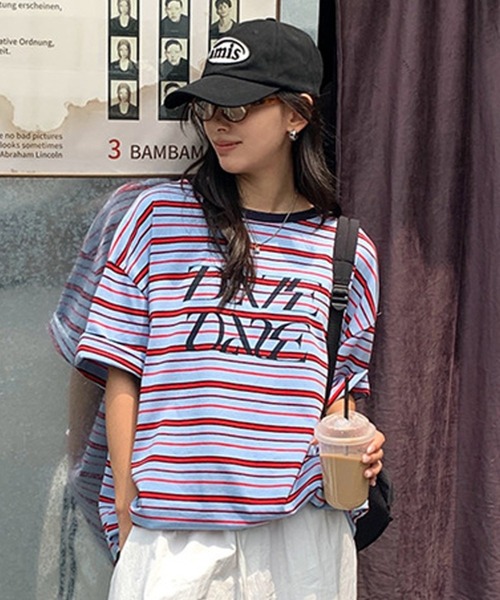 ROOP TOKYO tシャツ マルチボーダーロゴプリントTシャツ レディース