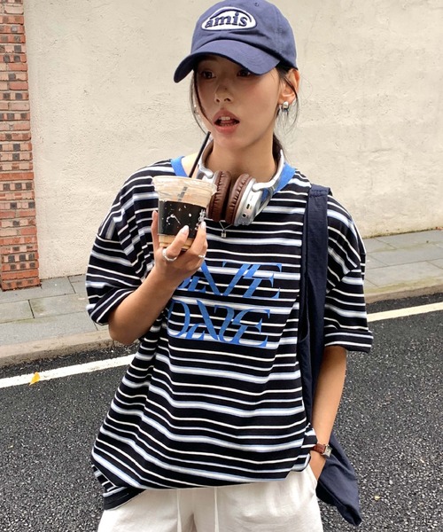 tシャツ マルチボーダーロゴプリントTシャツ レディース