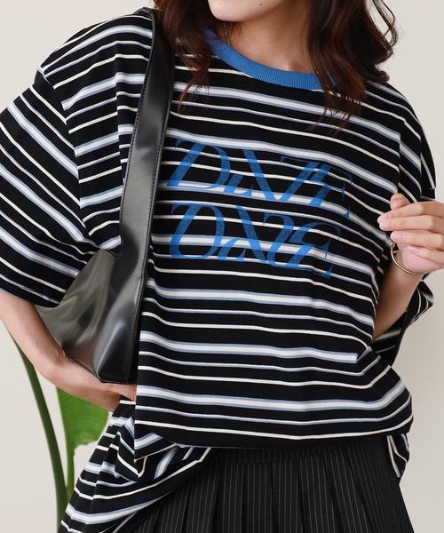 ROOP TOKYO tシャツ マルチボーダーロゴプリントTシャツ レディース