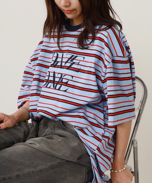 ROOP TOKYO tシャツ マルチボーダーロゴプリントTシャツ レディース