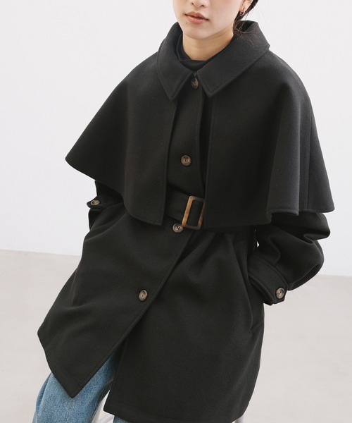 3WAYケープコート 黒 ウール混合 ベルト付き 3WAYケープコート 黒 ウール混合 ベルト付き 3WAYケープコート 黒