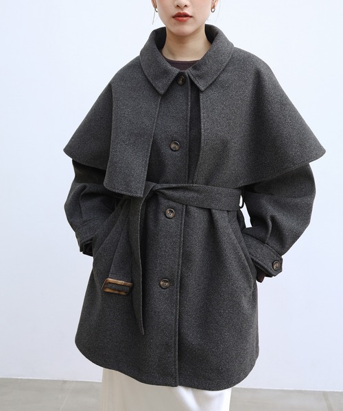 3WAYケープコート 黒 ウール混合 ベルト付き 3WAYケープコート 黒 ウール混合 ベルト付き - メルカリ