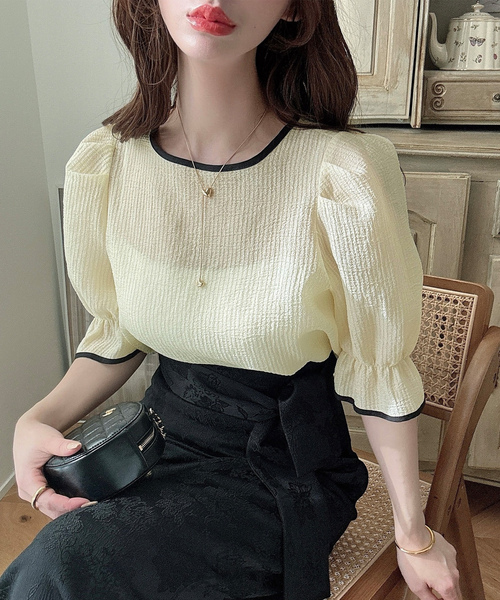 「Meiru」 半袖ブラウス LARGE ブルーグレー レディース_画像4