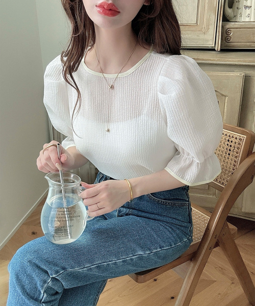 「Meiru」 半袖ブラウス LARGE ブルーグレー レディース_画像9