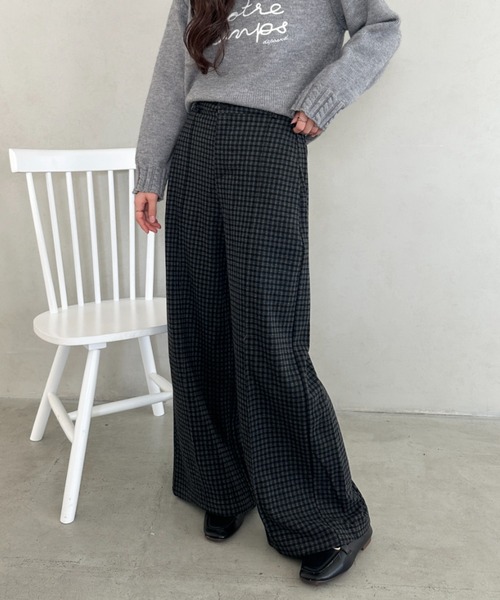 unknown チェック ワイドストレート スラックス W30 ワイドパンツ パンツ チェック柄ワイドストレートパンツ レディース
