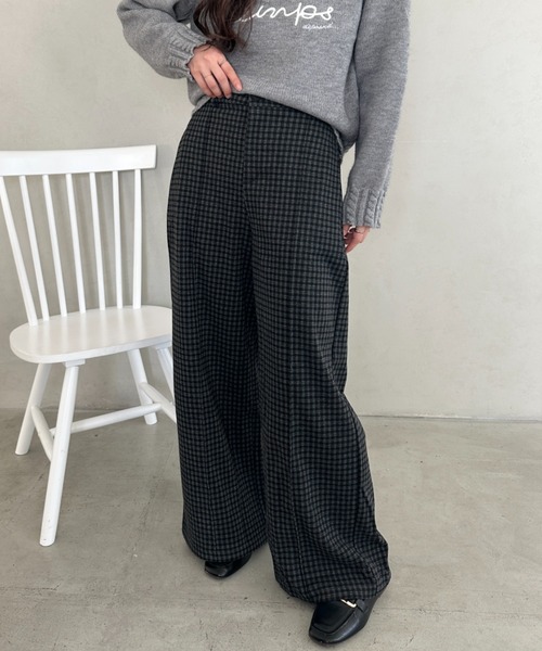 ワイドパンツ パンツ チェック柄ワイドストレートパンツ レディース