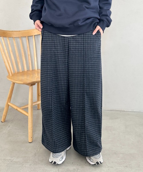 M&KYOKO 新品 リバーシブル　ワイドパンツ ネイビー・チェック ワイドパンツ パンツ チェック柄ワイドストレートパンツ レディース