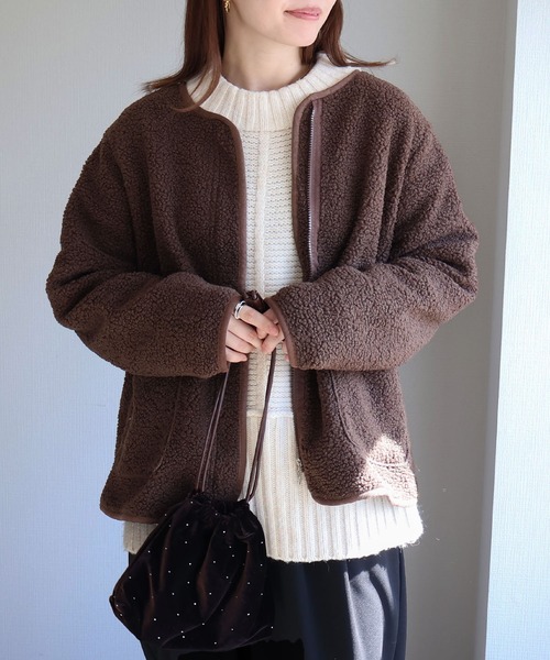 美品【ROPÉ】 ジップアップ きれいめフォルムブルゾン ノーカラージャケット sin.ca ジャケット ノーカラージャケット フロントジップボア