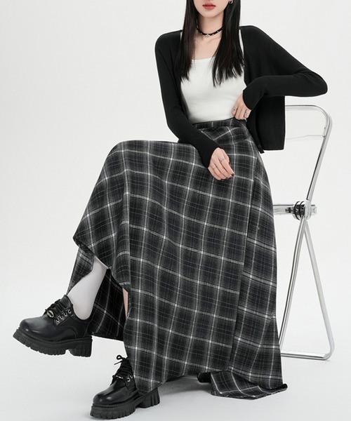 超美品センソユニコ芽風チェック柄アシンメトリーロングスカート 超美
