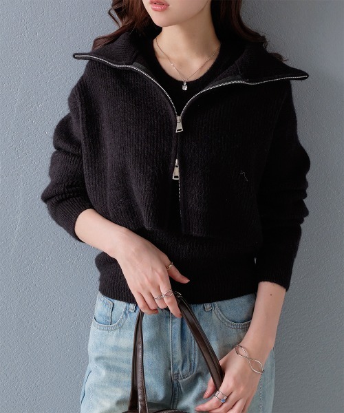 カーディガン ダブルジップニットカーデ × リブニットタンクトップ