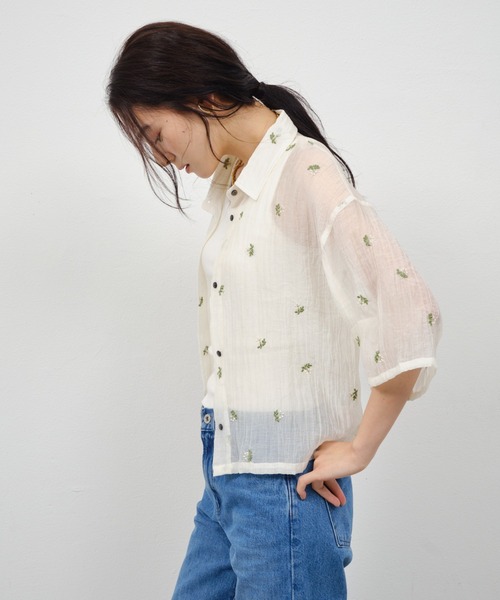 coyseioFRINGE SHIRRINGBLOUSE 花柄 半袖シャツ S coyseioFRINGE 