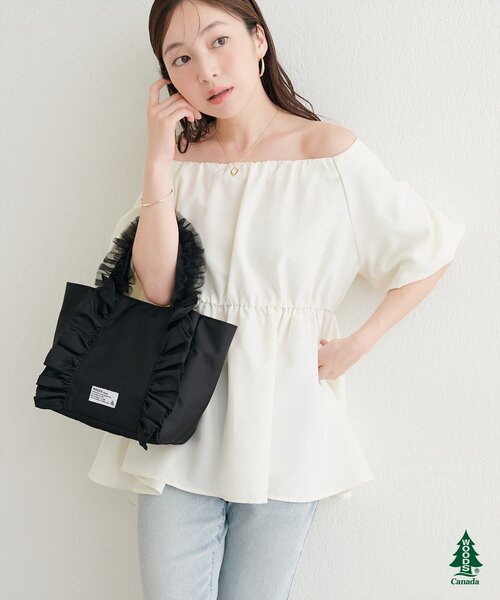 natural couture トートバッグ 「WOODS × couture」ショルダー付き WOODS × natural coutureショルダー付きフリルトートバッグ黒