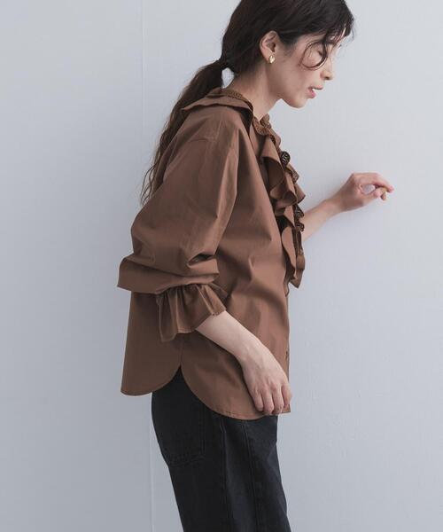 未使用 アプワイザーリッシェ ラッフルフリルカットソー　ブラウス　ブラウン S URBAN RESEARCH DOORS（アーバンリサーチドアーズ） ブラウス シャツ