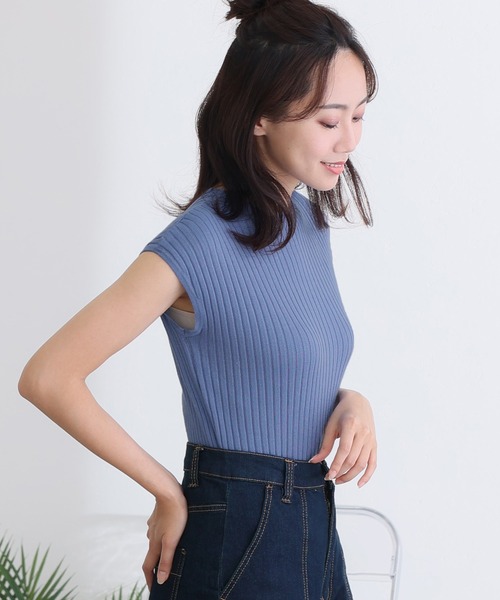 ElegChic ニット セーター プチハイネックフレンチスリーブ