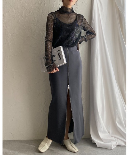 グリッターハイネックトップス She's Closet tシャツ ハイネック長袖グリッターラメシースルー