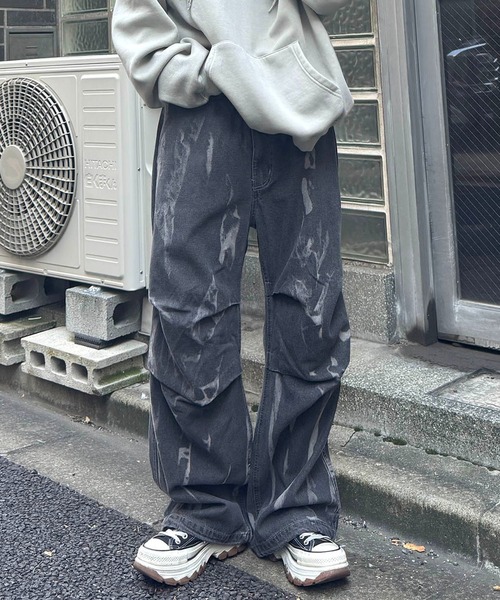 BEVIS スプレー加工 ブラック ワイドパンツ ワイドパンツ ジーンズ スプレー抜染加工オーバーパンツ メンズ