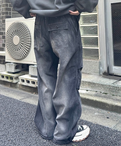 BEVIS スプレー加工 ブラック ワイドパンツ ワイドパンツ ジーンズ スプレー抜染加工オーバーパンツ メンズ