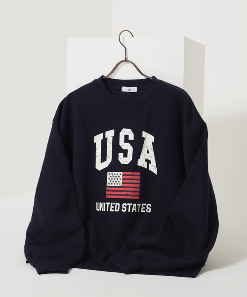 トレーナー スウェット 「KOREAN SELECT」USA ロゴ 星条旗 かすれプリント 裏起毛 ビッグシルエット スウェット プルオーバー レディ