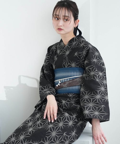 浴衣 浴衣3点セット 綿麻×紅梅 黒地の麻の葉 レディース