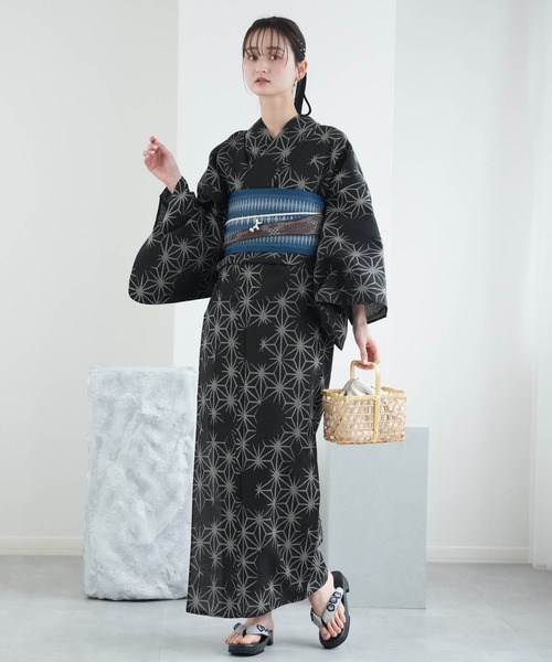 浴衣 浴衣3点セット 綿麻×紅梅 黒地の麻の葉 レディース_2