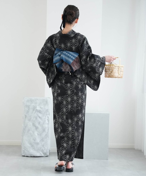 浴衣 浴衣3点セット 綿麻×紅梅 黒地の麻の葉 レディース_4
