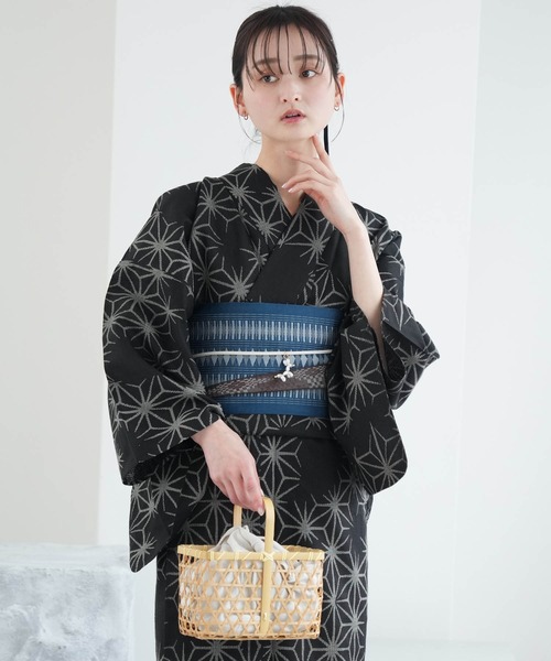 浴衣 浴衣3点セット 綿麻×紅梅 黒地の麻の葉 レディース_5