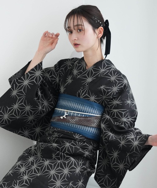 浴衣 浴衣3点セット 綿麻×紅梅 黒地の麻の葉 レディース_6