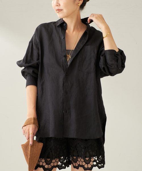 Plage ブルー　【定番】Linen オーバーサイズシャツ pr14050134-1.jpg