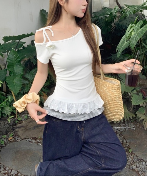 tシャツ ワンショルダーレイヤードチェックヘムトップス レディース